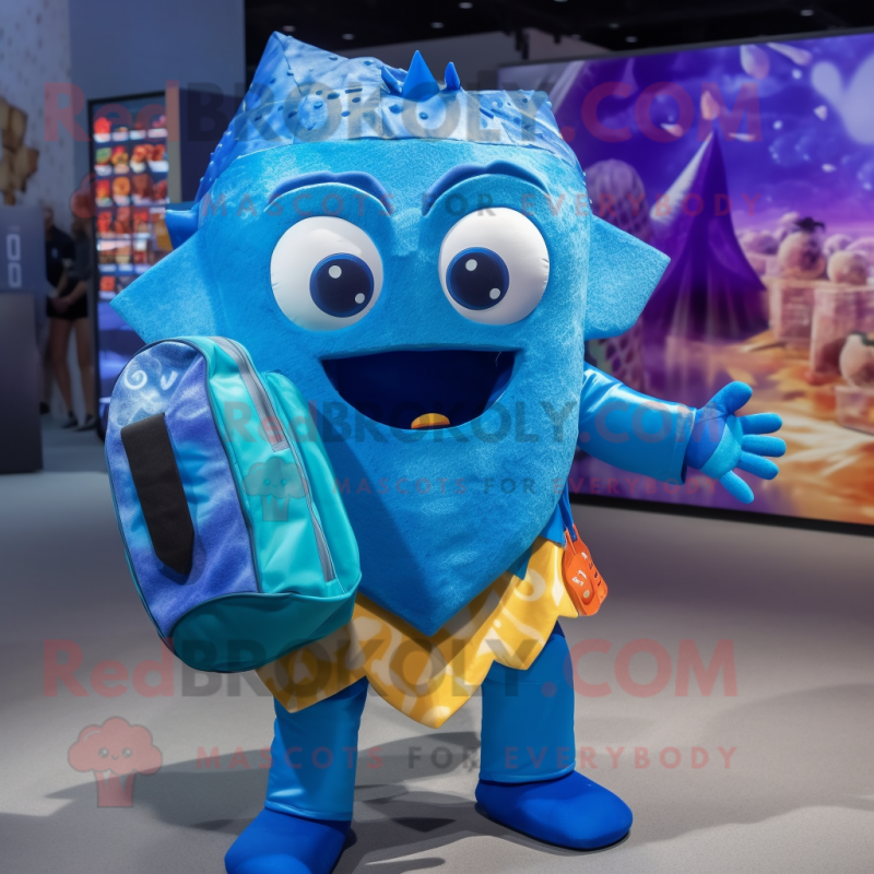Blue Nachos mascot costume character dressed with a Bikini and Backpacks