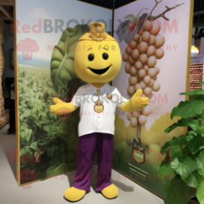 Gold Grape mascot costume character dressed with a Henley Tee and Lapel pins