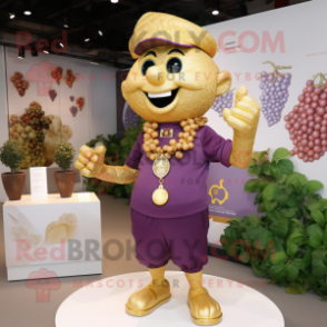 Gold Grape mascot costume character dressed with a Henley Tee and Lapel pins