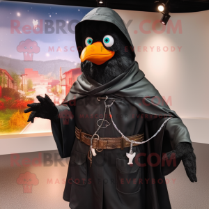 Black Blackbird mascot costume character dressed with a Raincoat and Necklaces