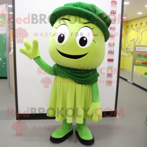 Green Miso Soup mascot costume character dressed with a Blouse and Shoe laces