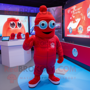 Red Ice mascot costume character dressed with a Jumpsuit and Beanies