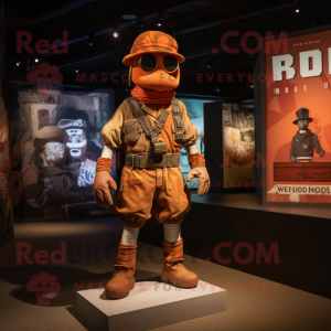 Rust Commando mascot costume character dressed with a Board Shorts and Berets