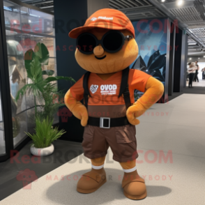 Rust Commando mascot costume character dressed with a Board Shorts and Berets