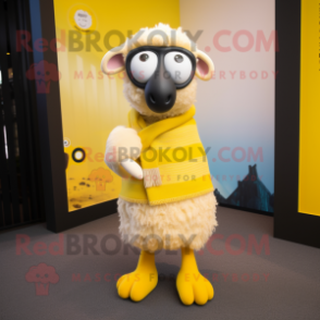 Yellow Merino Sheep mascot costume character dressed with a Trousers and Scarf clips