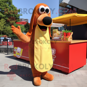 Rust Hot Dog mascot costume character dressed with a Dress and Lapel pins