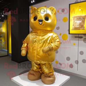 Gold Candy Box mascot costume character dressed with a Parka and Tote bags