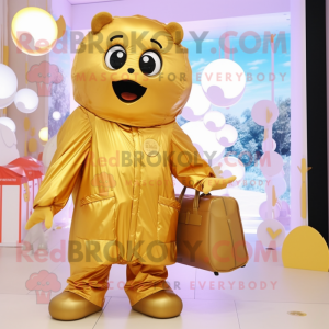 Gold Candy Box mascot costume character dressed with a Parka and Tote bags
