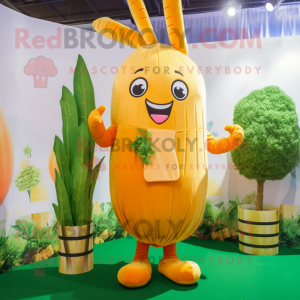 Gold Carrot mascot costume character dressed with a Maxi Dress and Keychains