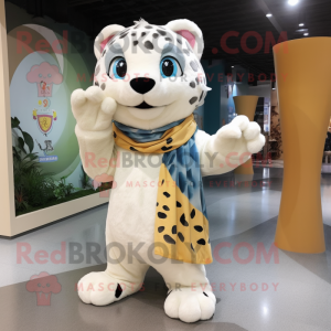 Cream Leopard mascot costume character dressed with a Denim Shorts and Shawls