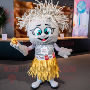 Silver Pad Thai mascot costume character dressed with a Graphic Tee and Hair clips