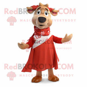Red Beef Stroganoff mascot costume character dressed with a Dress and Scarves