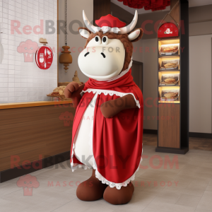 Red Beef Stroganoff mascot costume character dressed with a Dress and Scarves