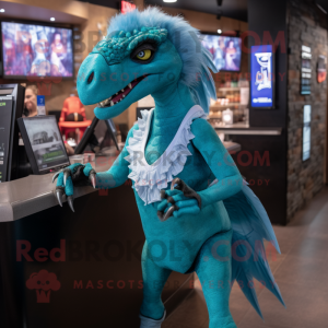 Turquoise Utahraptor mascot costume character dressed with a Cocktail Dress and Backpacks
