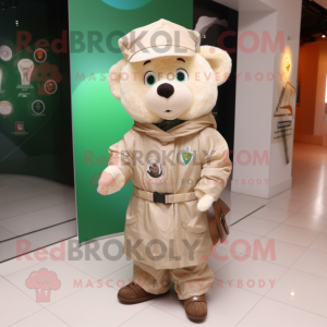Beige Irish Flag mascot costume character dressed with a Raincoat and Lapel pins