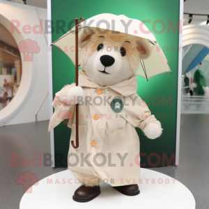 Beige Irish Flag mascot costume character dressed with a Raincoat and Lapel pins