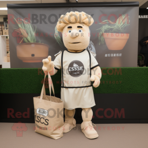 Beige Caesar Salad mascot costume character dressed with a Rugby Shirt and Tote bags