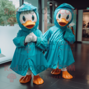 Teal Swans mascot costume character dressed with a Raincoat and Rings