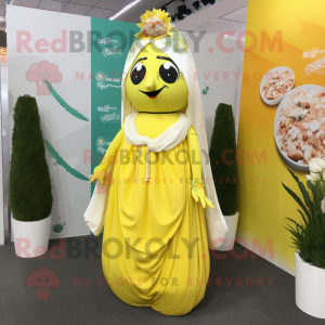 Lemon Yellow Falafel mascot costume character dressed with a Wedding Dress and Necklaces