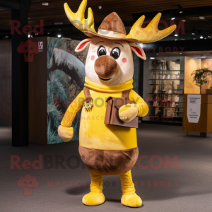 Lemon Yellow Reindeer mascot costume character dressed with a Corduroy Pants and Hat pins