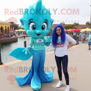 Cyan Mermaid mascot costume character dressed with a Flare Jeans and Shoe clips