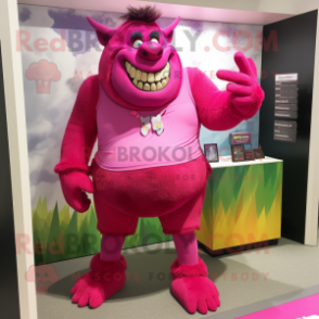 Magenta Ogre mascot costume character dressed with a Bermuda Shorts and Pocket squares