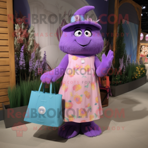 Lavender Bracelet mascot costume character dressed with a Maxi Dress and Tote bags