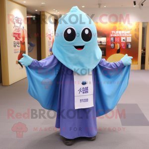 Blue Miso Soup mascot costume character dressed with a Blouse and Shawl pins