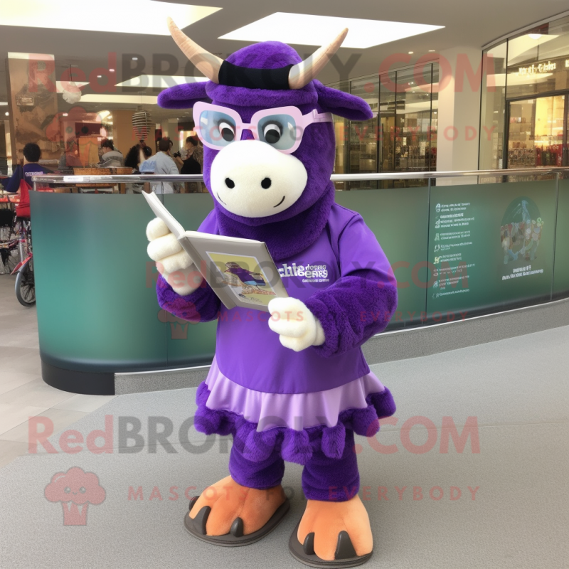 Purple Beef Stroganoff mascot costume character dressed with a Pleated Skirt and Reading glasses