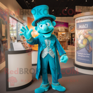 Turquoise Magician mascot costume character dressed with a Romper and Mittens