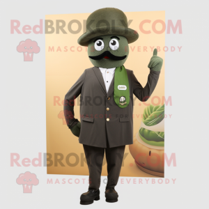 Olive Falafel mascot costume character dressed with a Suit and Hat pins