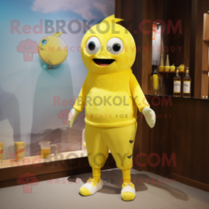 Lemon Yellow Cod mascot costume character dressed with a Tank Top and Foot pads