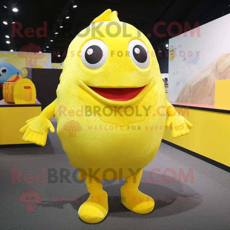 Lemon Yellow Cod mascot costume character dressed with a Tank Top and Foot pads