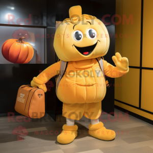 Gold Pumpkin mascot costume character dressed with a Polo Shirt and Messenger bags