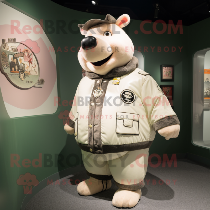 Cream Sow mascot costume character dressed with a Bomber Jacket and Brooches
