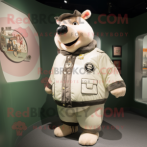 Cream Sow mascot costume character dressed with a Bomber Jacket and Brooches