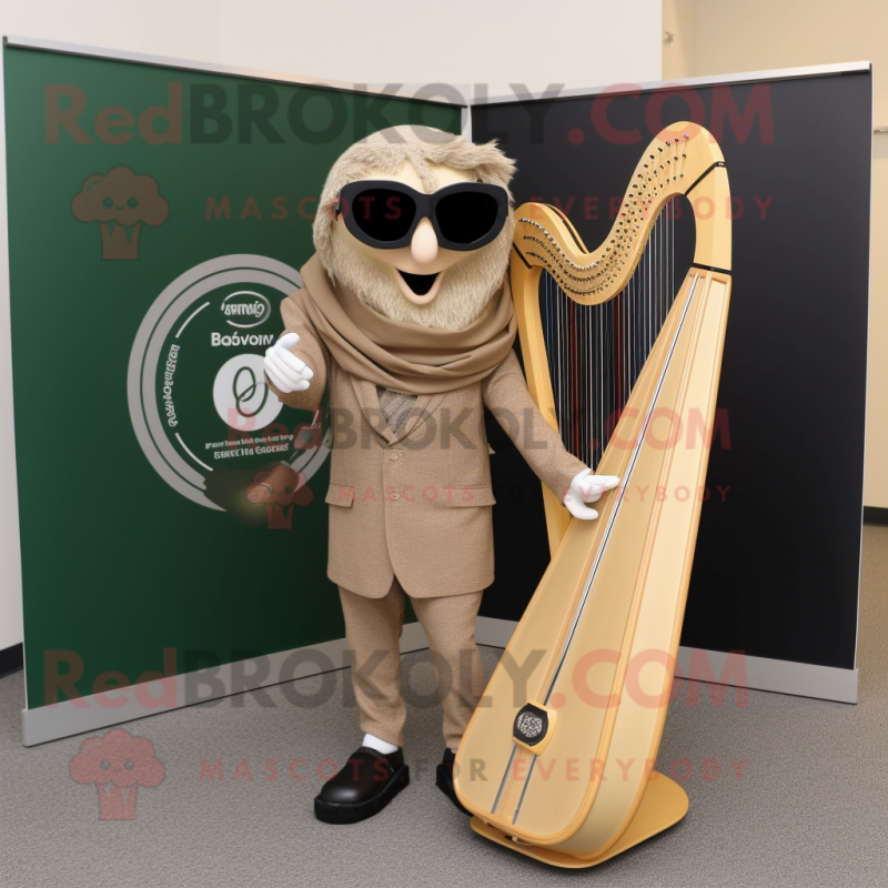 Tan Celtic Harp mascot costume character dressed with a Suit Jacket and Sunglasses