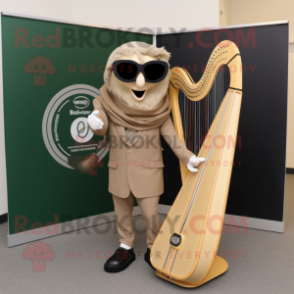 Tan Celtic Harp mascot costume character dressed with a Suit Jacket and Sunglasses