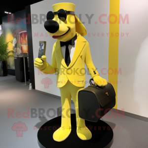 Lemon Yellow Dog mascot costume character dressed with a Tuxedo and Clutch bags