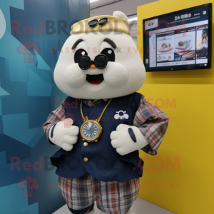 Navy Dim Sum mascot costume character dressed with a Flannel Shirt and Digital watches