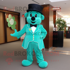 Turquoise Four Leaf Clover mascot costume character dressed with a Dress Pants and Suspenders