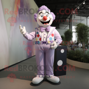 Lavender Clown mascot costume character dressed with a Romper and Tie pins