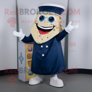 Navy Pizza Slice mascot costume character dressed with a Hoodie and Cummerbunds