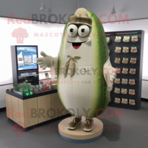 Beige Cucumber mascot costume character dressed with a Cardigan and Bracelets