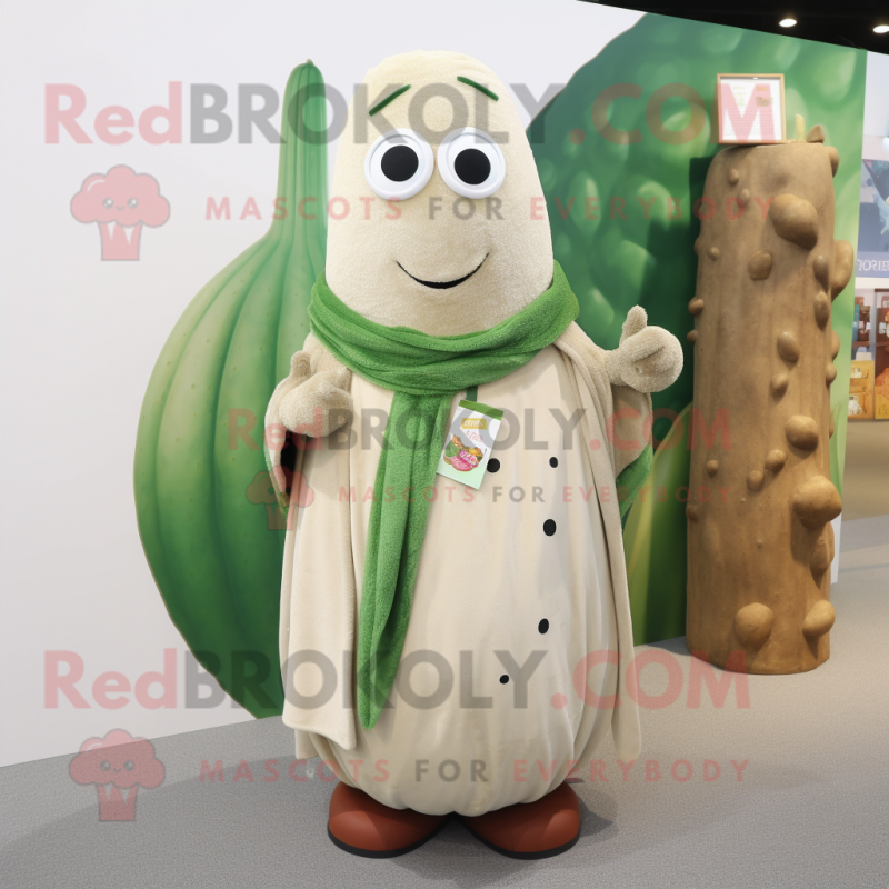 Beige Cucumber mascot costume character dressed with a Cardigan and Bracelets
