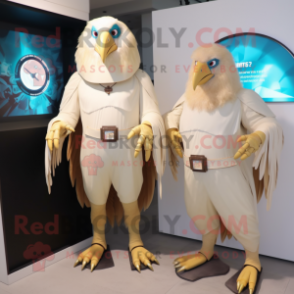 Cream Harpy mascot costume character dressed with a Rash Guard and Smartwatches