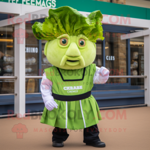 Lime Green Caesar Salad mascot costume character dressed with a Oxford Shirt and Cummerbunds