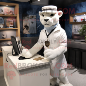 White Panther mascot costume character dressed with a Culottes and Cufflinks