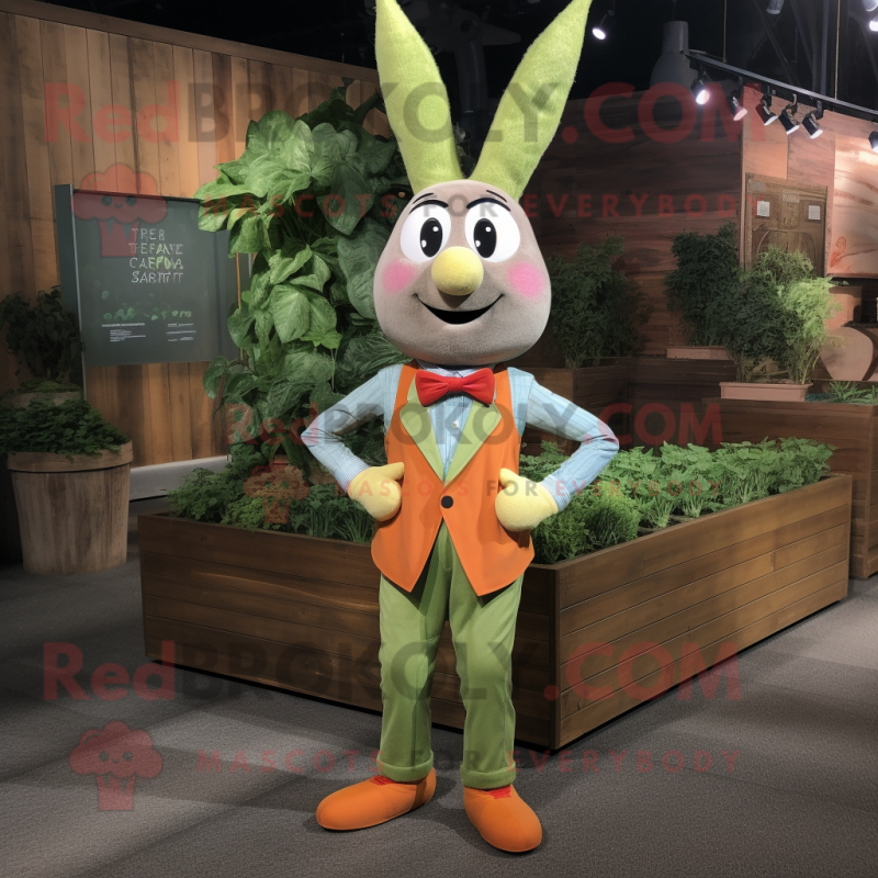 Olive Carrot mascot costume character dressed with a Chambray Shirt and Bow ties