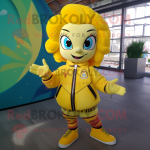 Yellow Mermaid mascot costume character dressed with a Bomber Jacket and Bracelets